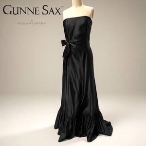 Jessica McClintock Gunne Sax Black Satin Long Ruffle Strapless Gown Prom | 11/12